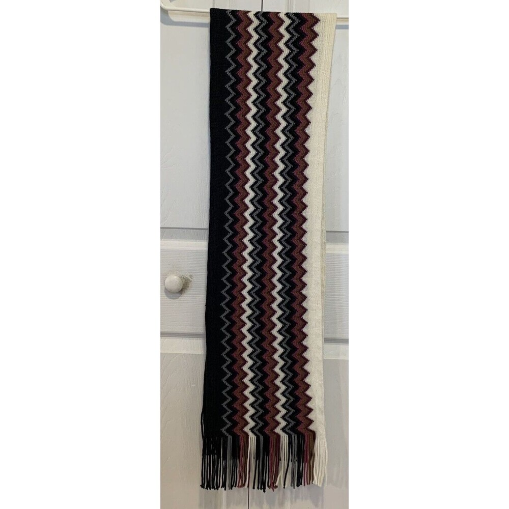 Zig Zag Wool Blend Knit Fringe Neck Scarf Unisex Chevron Multicolor Vintage 90s